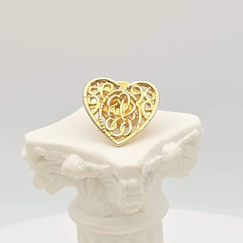 Vtg Monogram Heart Pin Brooch Initial L Or R Filigree Gold Plate .75